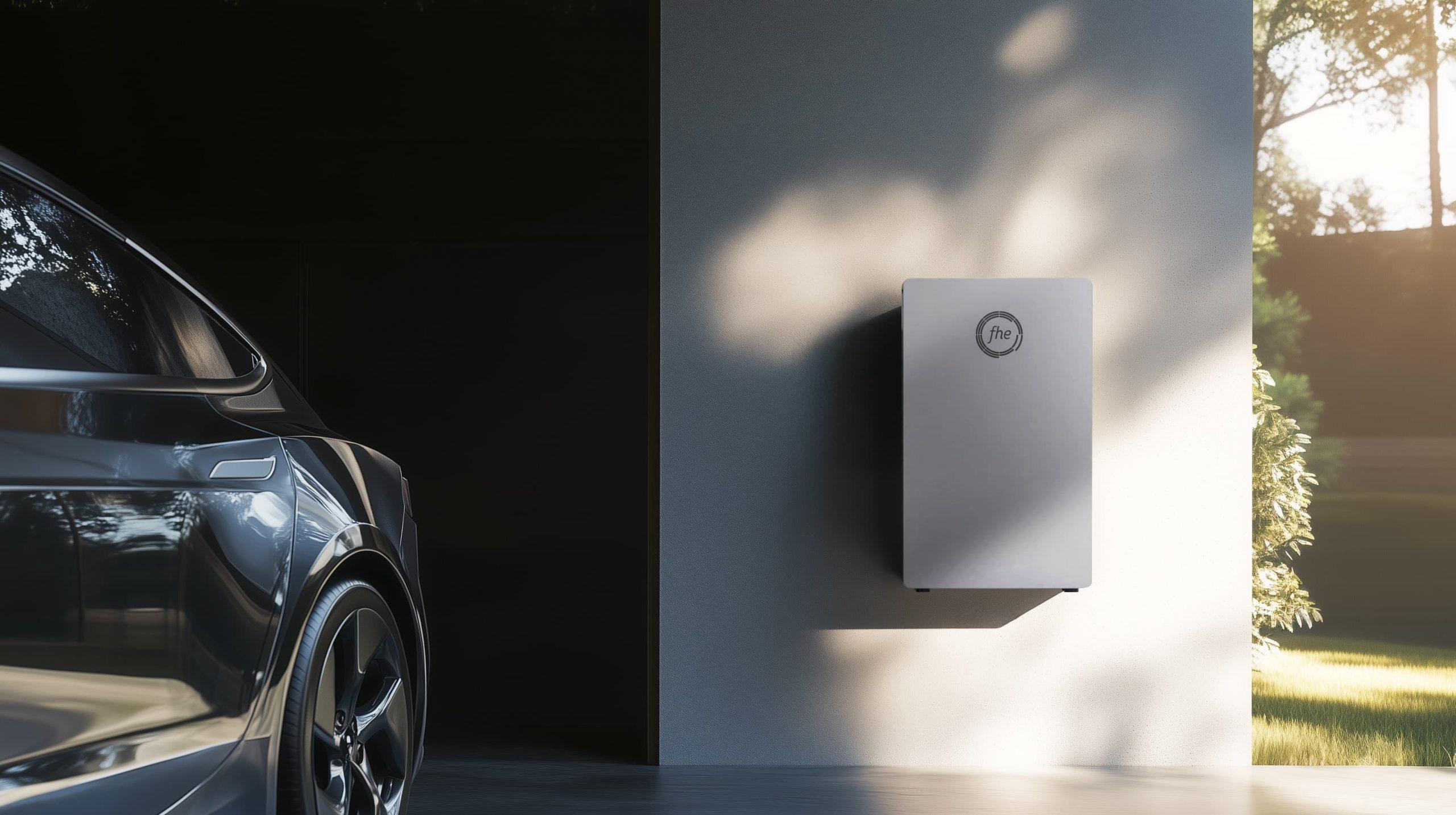FHE wall-mounted home battery beside a parked car